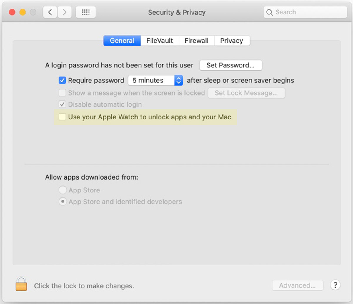 “安全和隐私”系统偏好设置中可以选择将Apple Watch设置为解锁应用程序和Mac的方式。 “安全和隐私”系统偏好设置中可以选择将Apple Watch设置为解锁应用程序和Mac的方式。