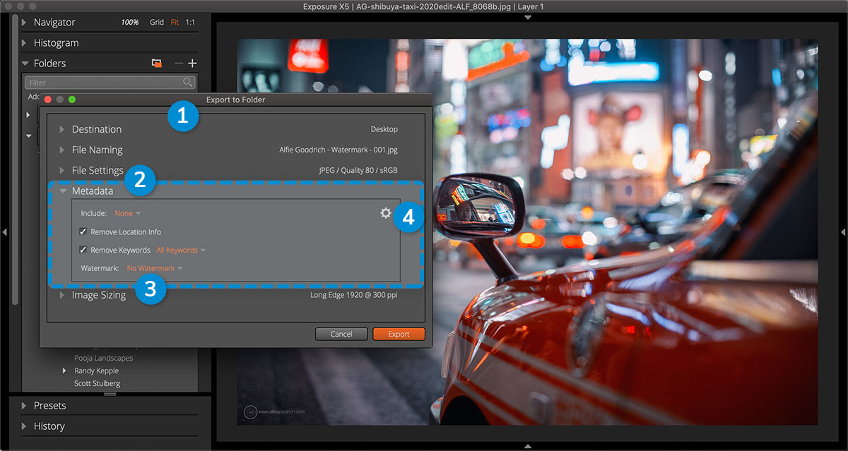 曝光用户界面。打开“导出”对话框以访问“元数据”部分。在此示例中应用了文本水印。 曝光用户界面。打开“导出”对话框以访问“元数据”部分。在此示例中应用了文本水印。