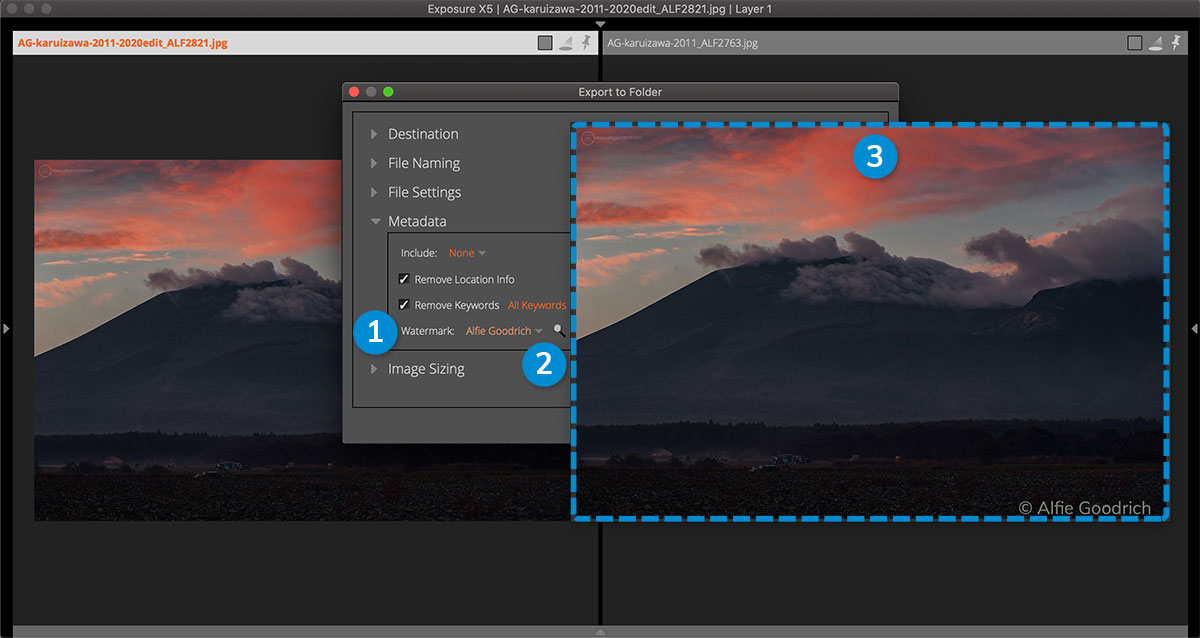 Exposure用户界面。选中水印预设后,使用放大镜预览导出图像的显示方式。本示例使用不透明度较低的文本水印 Exposure用户界面。选中水印预设后,使用放大镜预览导出图像的显示方式。本示例使用不透明度较低的文本水印