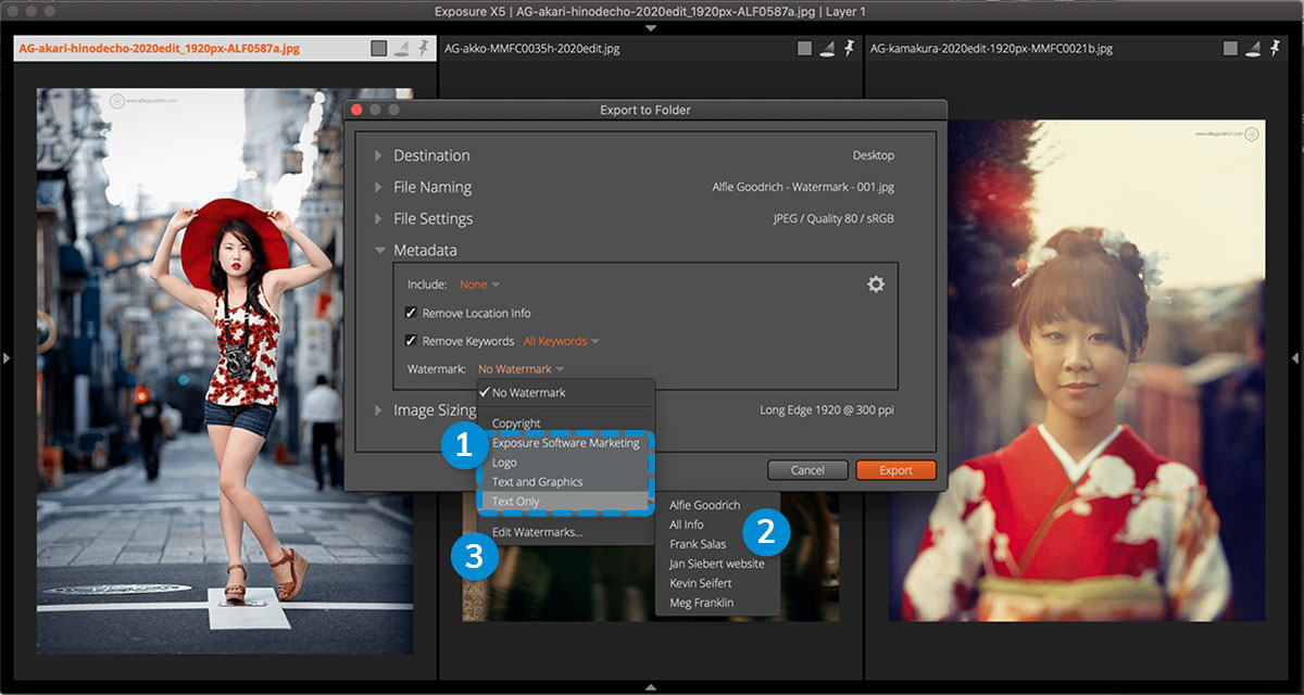 Exposure用户界面。从预设中选择,以将水印应用于导出的图像。注意在此视图中使用类别来组织水印预设。 Exposure用户界面。从预设中选择,以将水印应用于导出的图像。注意在此视图中使用类别来组织水印预设。