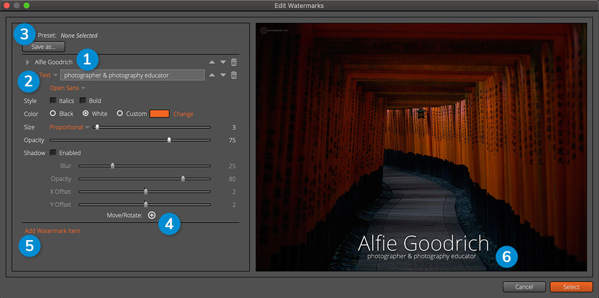 Exposure用户界面。编辑水印对话框。左侧面板上的工具是您处理水印项目的方式。 Exposure用户界面。编辑水印对话框。左侧面板上的工具是您处理水印项目的方式。