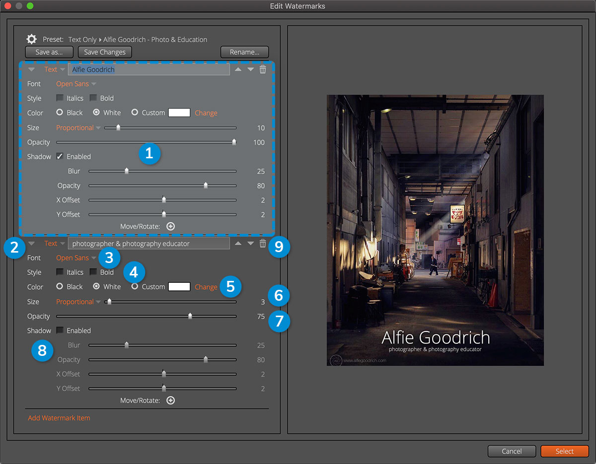 Exposure用户界面。编辑水印对话框。本示例使用两个文本项。 Exposure用户界面。编辑水印对话框。本示例使用两个文本项。