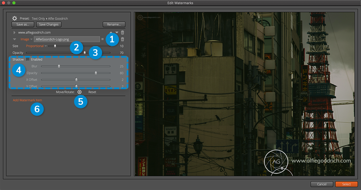 Exposure用户界面。编辑水印对话框。本示例使用图像水印项目。 Exposure用户界面。编辑水印对话框。本示例使用图像水印项目。