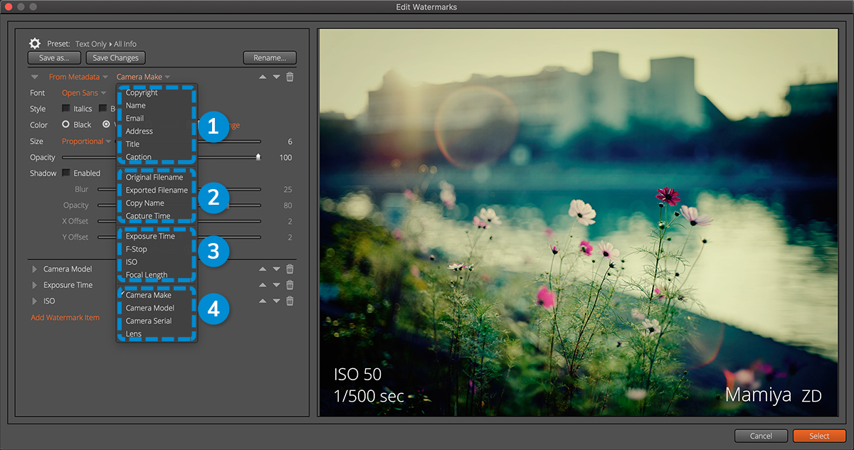 E xposure“编辑水印”对话框。本示例将元数据项用于“相机制造商”,“型号”,“曝光时间”和“ ISO”。 E xposure“编辑水印”对话框。本示例将元数据项用于“相机制造商”,“型号”,“曝光时间”和“ ISO”。