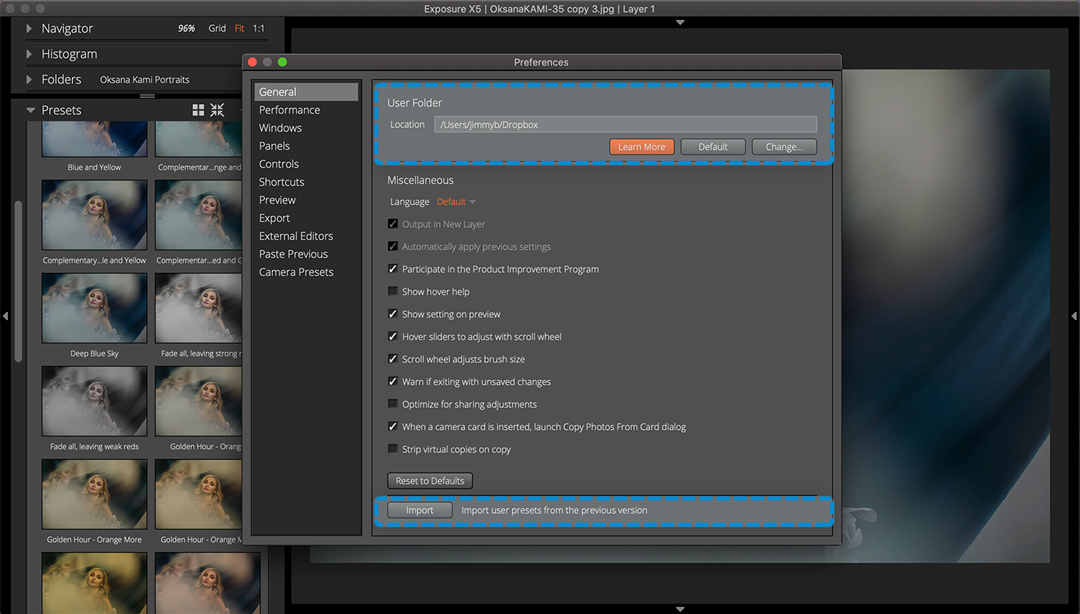 使用Dropbox之类的同步文件夹在计算机之间自动共享预设。 使用Dropbox之类的同步文件夹在计算机之间自动共享预设。