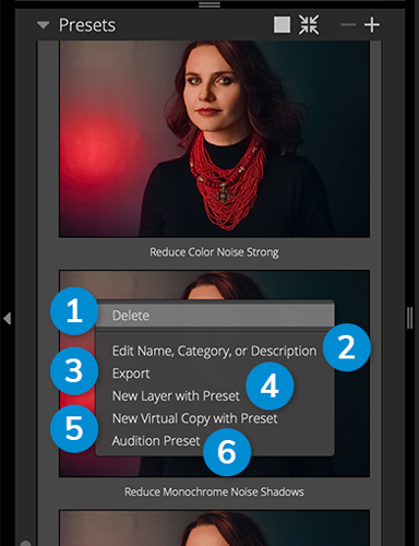“预设裁剪”面板。从右键单击菜单访问管理工具。 “预设裁剪”面板。从右键单击菜单访问管理工具。