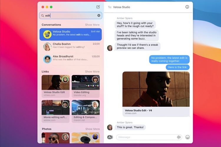 搜索结果分为“会话”,其中突出显示了搜索词,“链接”(网站URL)和“照片”。 搜索结果分为“会话”,其中突出显示了搜索词,“链接”(网站URL)和“照片”。