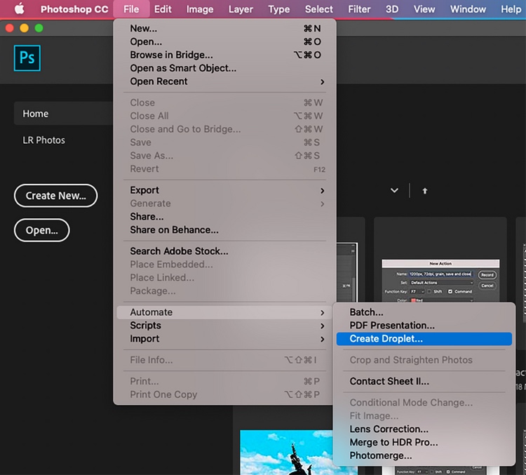 从Photoshop菜单中选择创建快捷批量处理 从Photoshop菜单中选择创建快捷批量处理