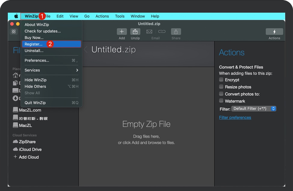 打开WinZip点击Register 打开WinZip点击Register