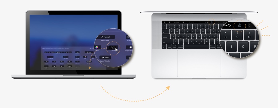 自定义Touch Bar；此插图显示了Photoshop中的&ldquo;收藏夹&rdquo;模式