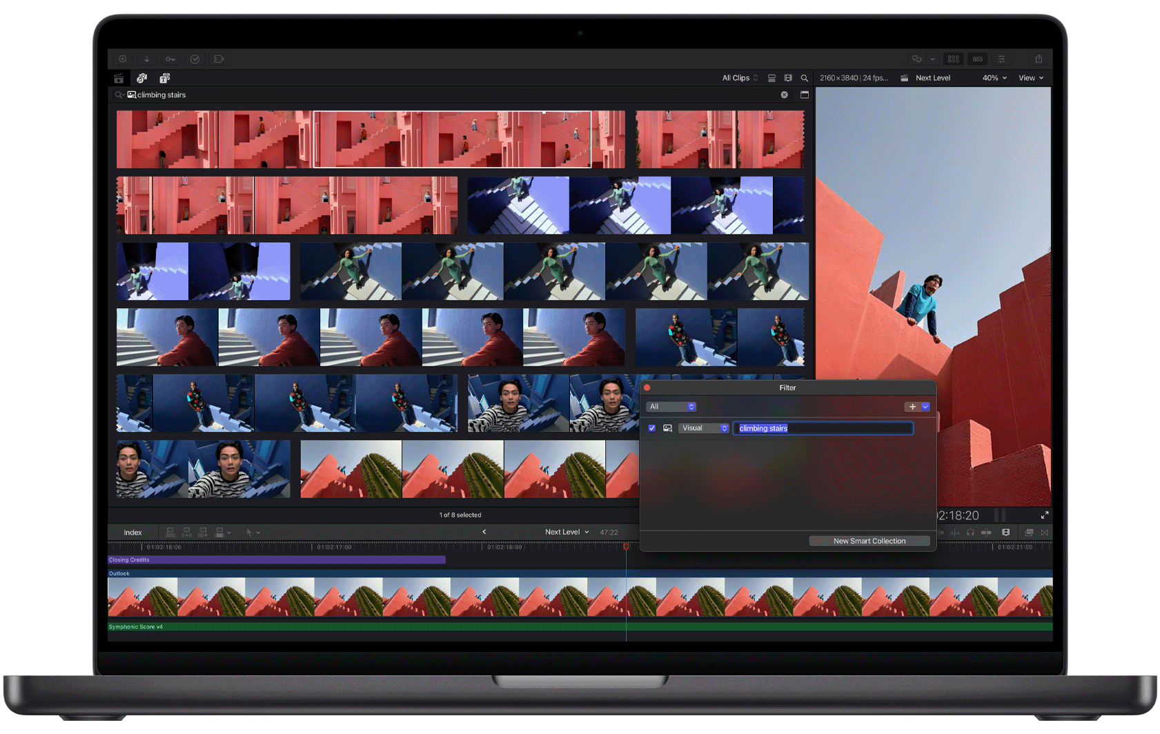 空黑色 MacBook Pro 上显示着 Final Cut Pro 的视觉搜索功能