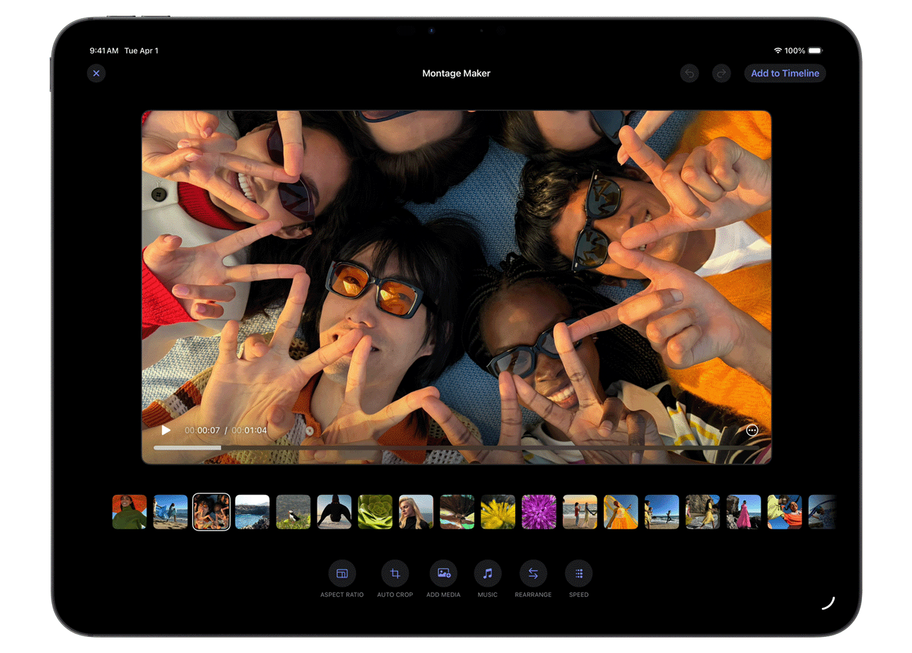 iPad Pro上显示着Final Cut Pro中的蒙太奇制作器