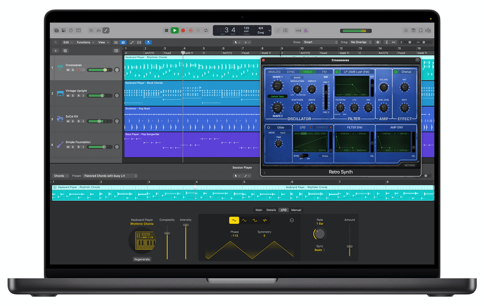 MacBook Pro 上显示着 Logic Pro 中的 Synth Player