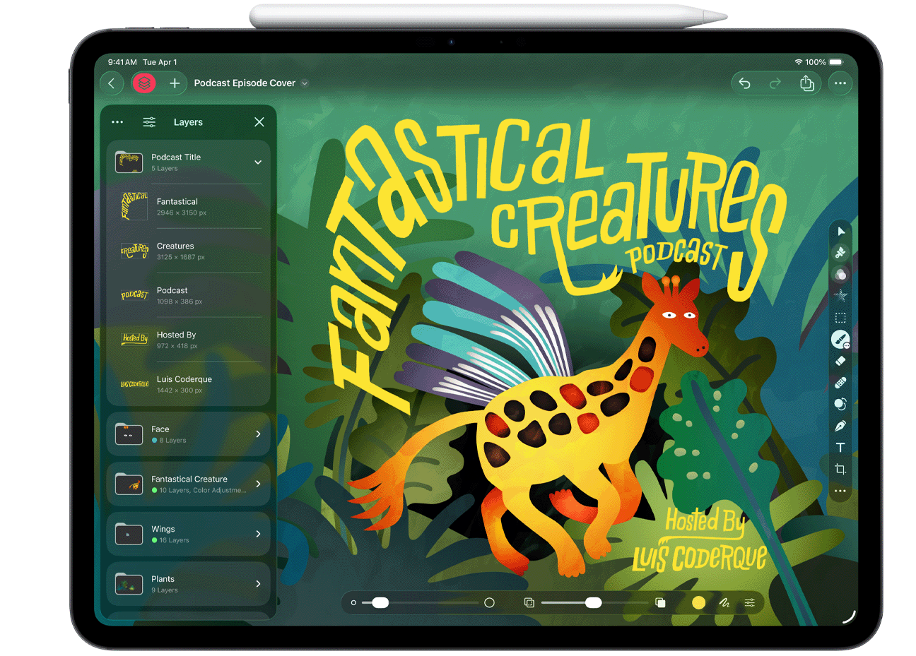 iPad Pro 上显示着 Pixelmator Pro 中的图层边栏。