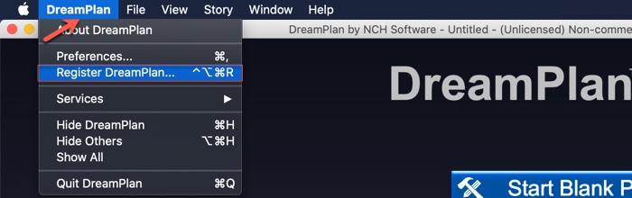 点击左上角导航栏上的“DreamPlan -> Register DreamPlan”。 点击左上角导航栏上的“DreamPlan -> Register DreamPlan”。