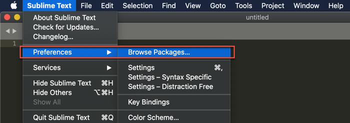 点击左上角菜单栏 Sublime Text -> Preferences -> Browse Packages... 点击左上角菜单栏 Sublime Text -> Preferences -> Browse Packages...